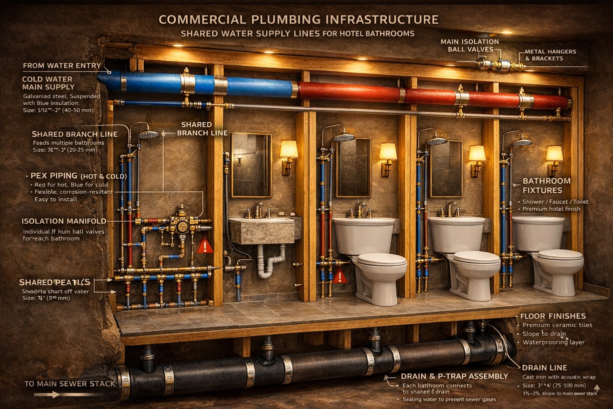 Commercial plumbing infrastructure showing shared water supply lines for hotel bathrooms